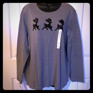 Plus Size 1X Scoop Neck, Long Sleeve, Tunic Top with Embroidered Reindeer